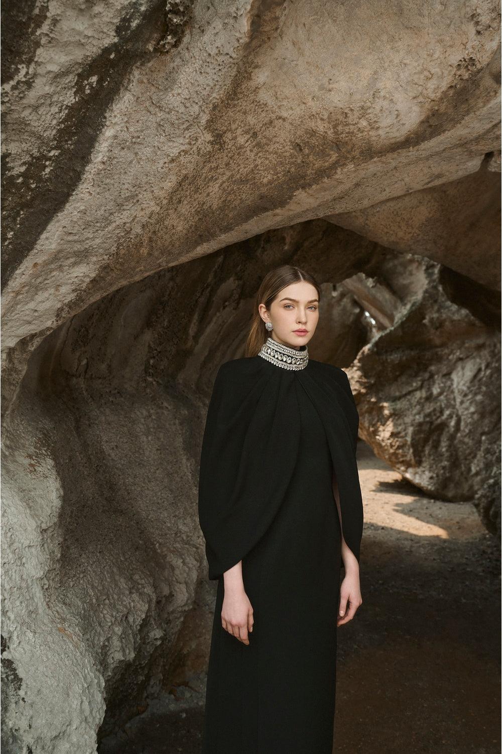 Stone Collar Cape And Bodycon Dress Set M / Black Stone Collar Cape And Bodycon Dress Set M / Black