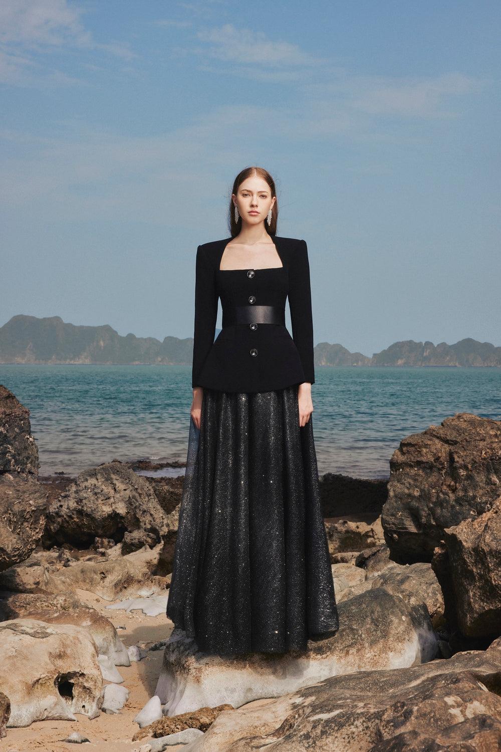 Long Sleeve Trapezoid Neckline Blazer And Flowing Skirt Set