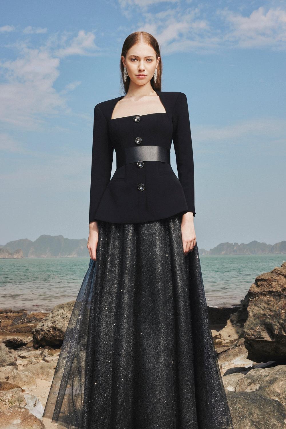 Long Sleeve Trapezoid Neckline Blazer And Flowing Skirt Set