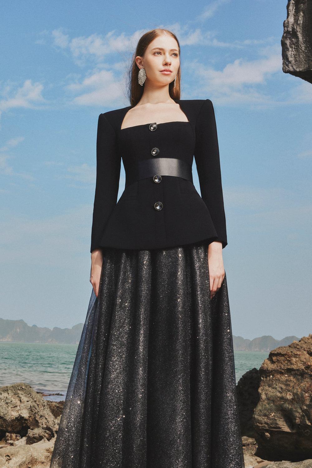 Long Sleeve Trapezoid Neckline Blazer And Flowing Skirt Set