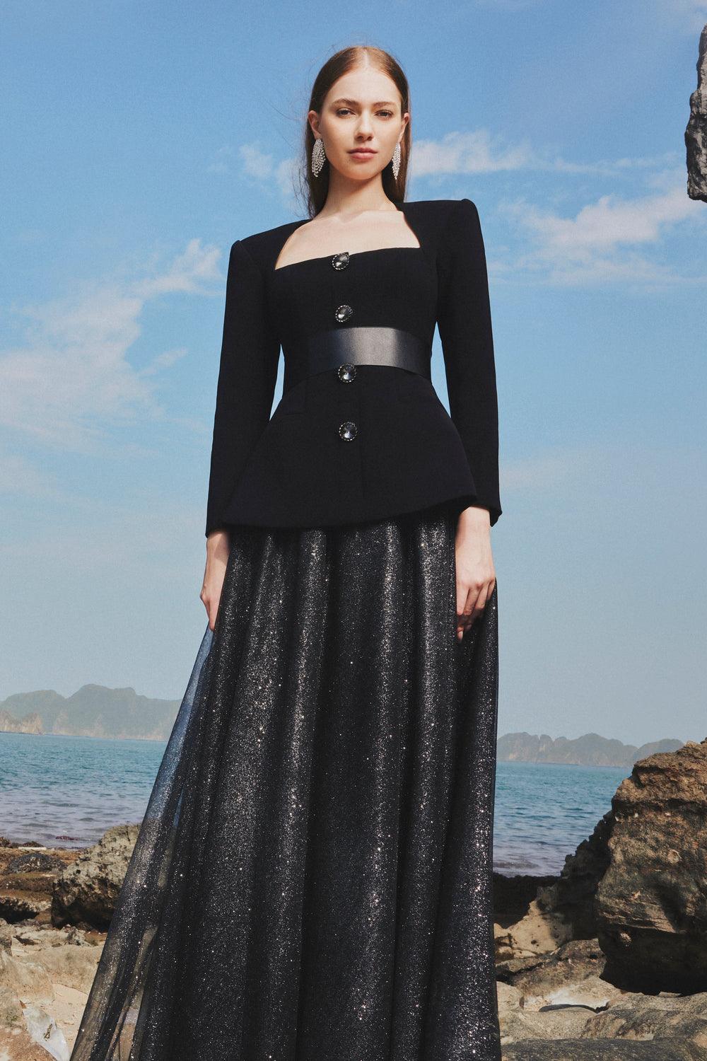 Long Sleeve Trapezoid Neckline Blazer And Flowing Skirt Set