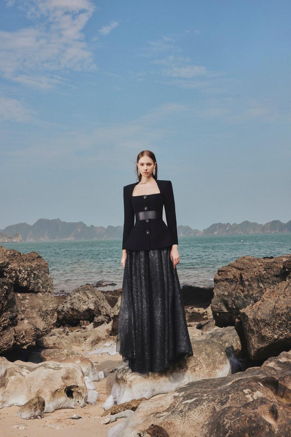 Long Sleeve Trapezoid Neckline Blazer And Flowing Skirt Set