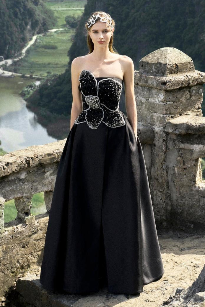 Strapless Orchid Patterned A-Line Dress L / Black Strapless Orchid Patterned A-Line Dress L / Black