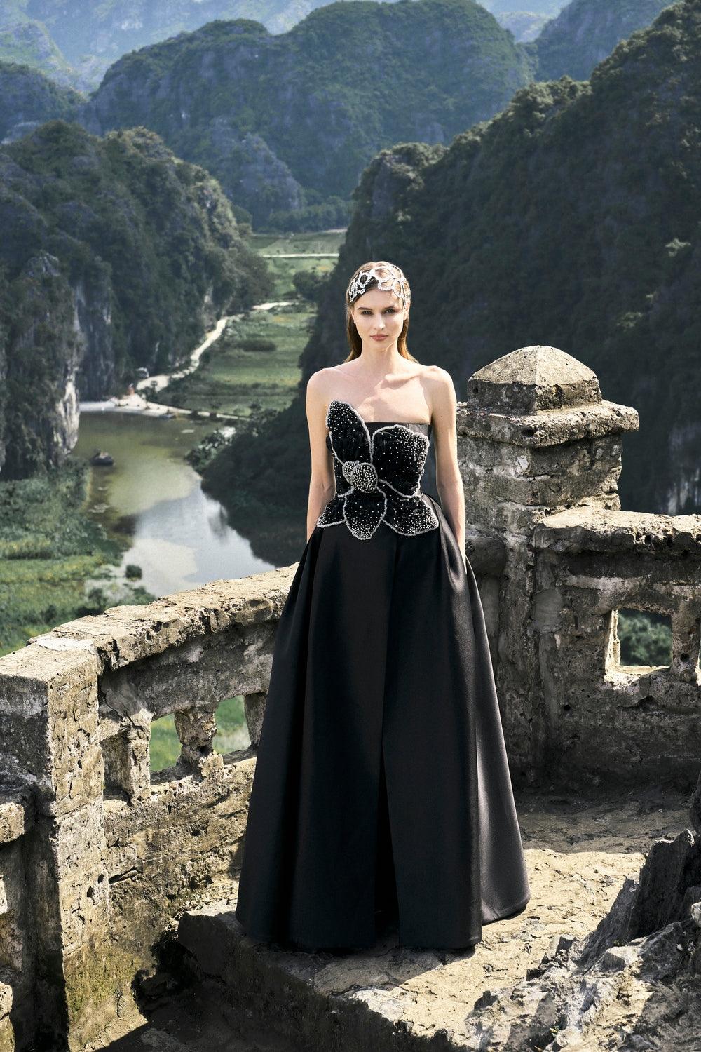 Strapless Orchid Patterned A-Line Dress - TRACY COUTURE