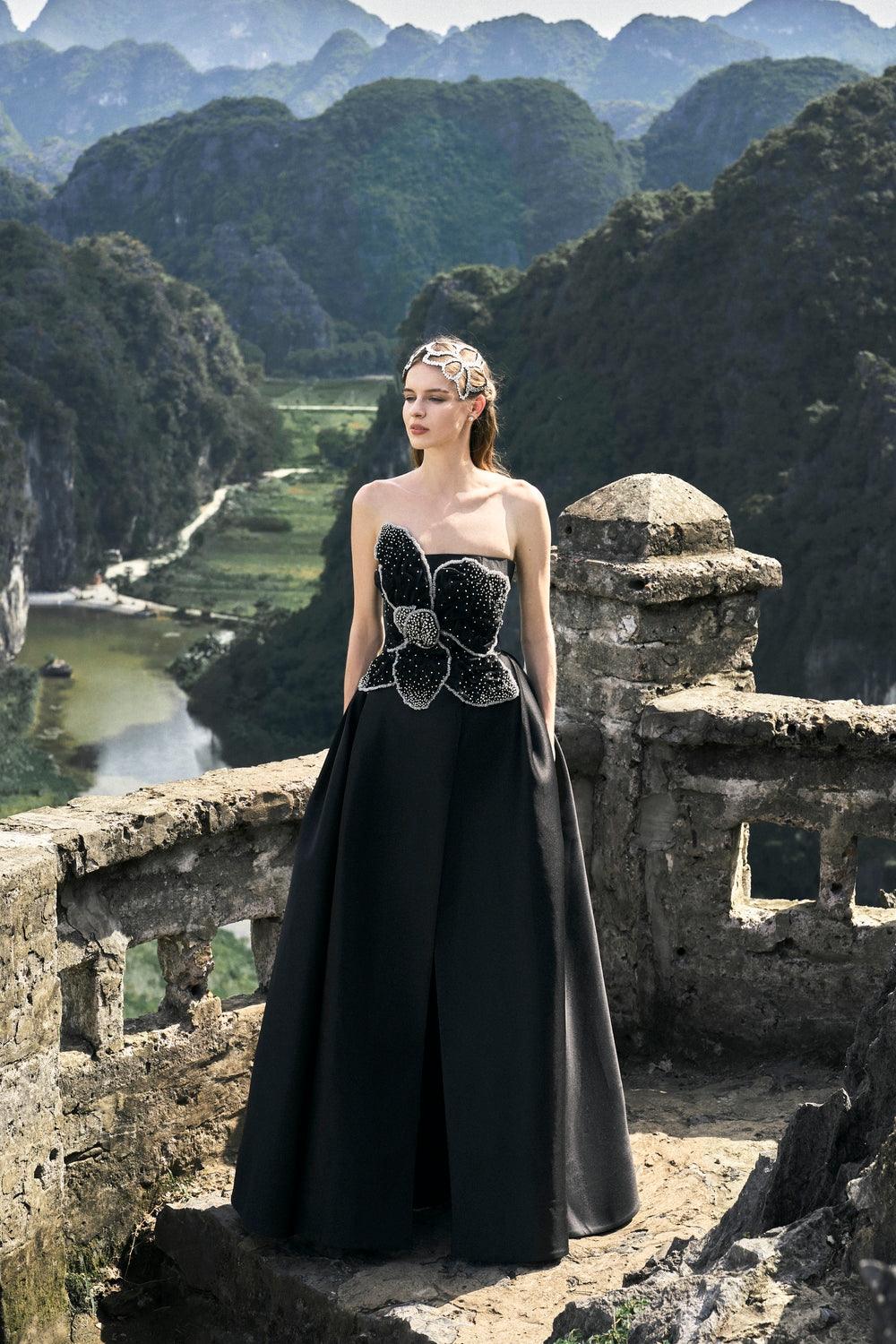 Strapless Orchid Patterned A-Line Dress - TRACY COUTURE