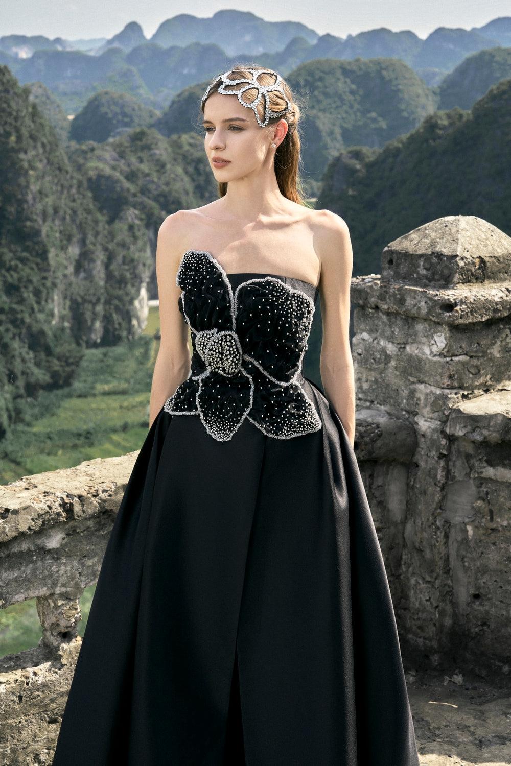 Strapless Orchid Patterned A-Line Dress - TRACY COUTURE