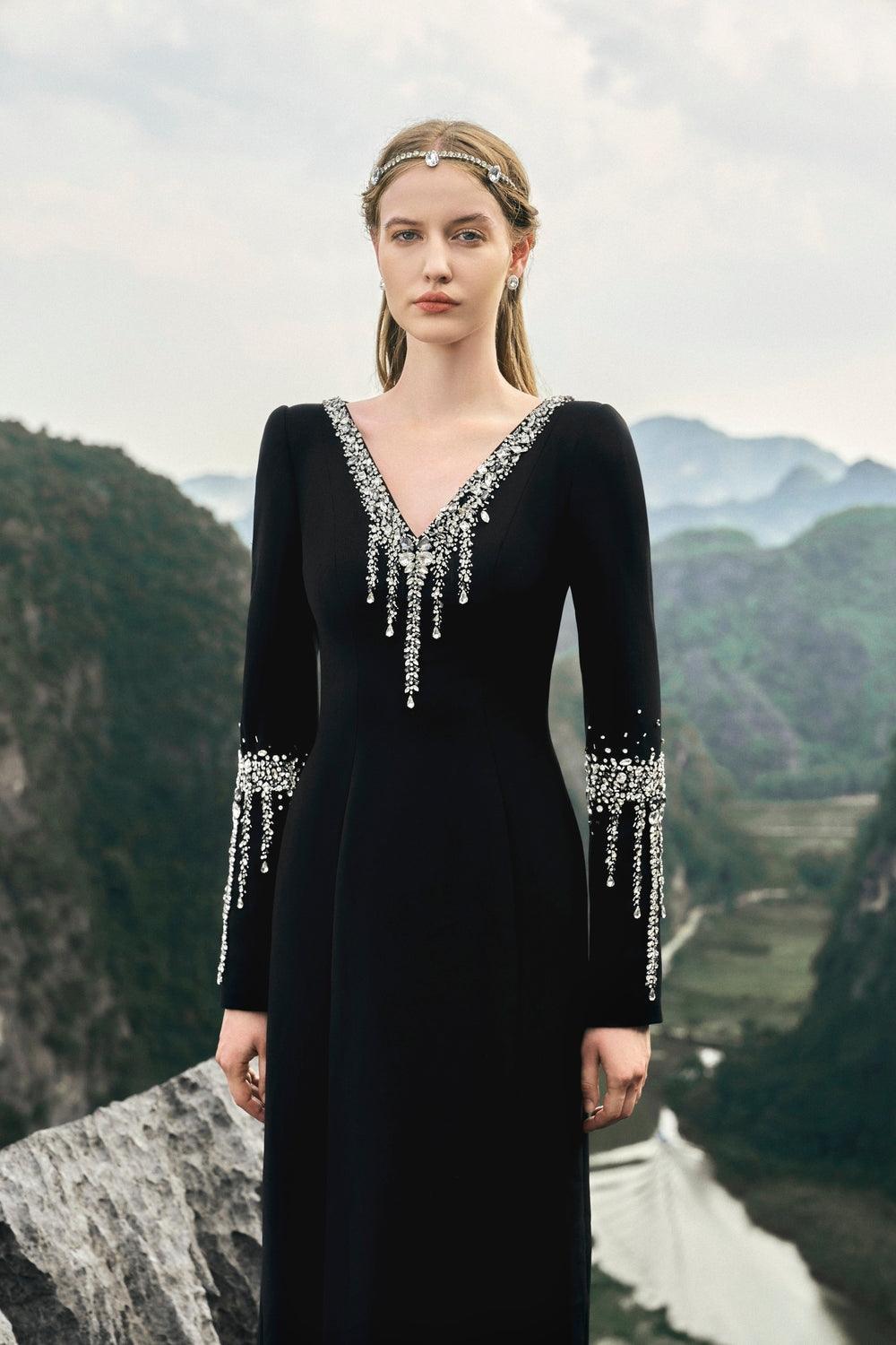 V-Neck Back Slit Dress With Stone Embellishments - TRACY COUTURE