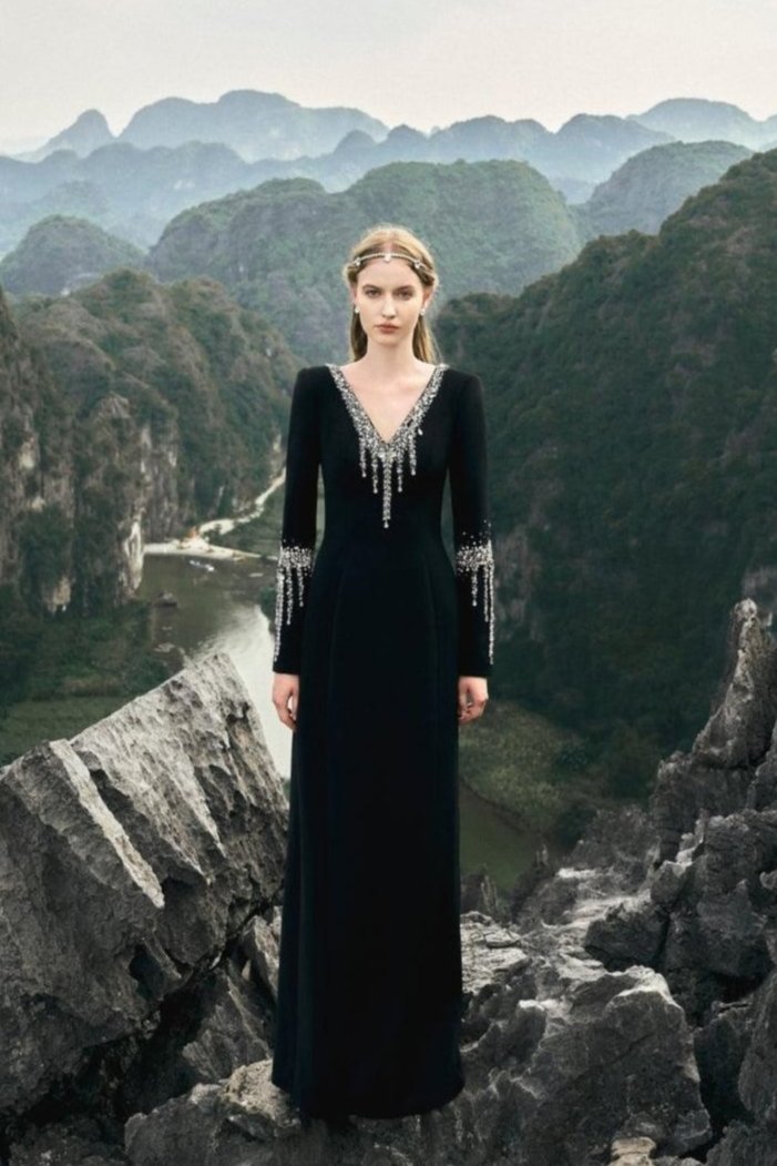 V-Neck Back Slit Dress With Stone Embellishments - TRACY COUTURE