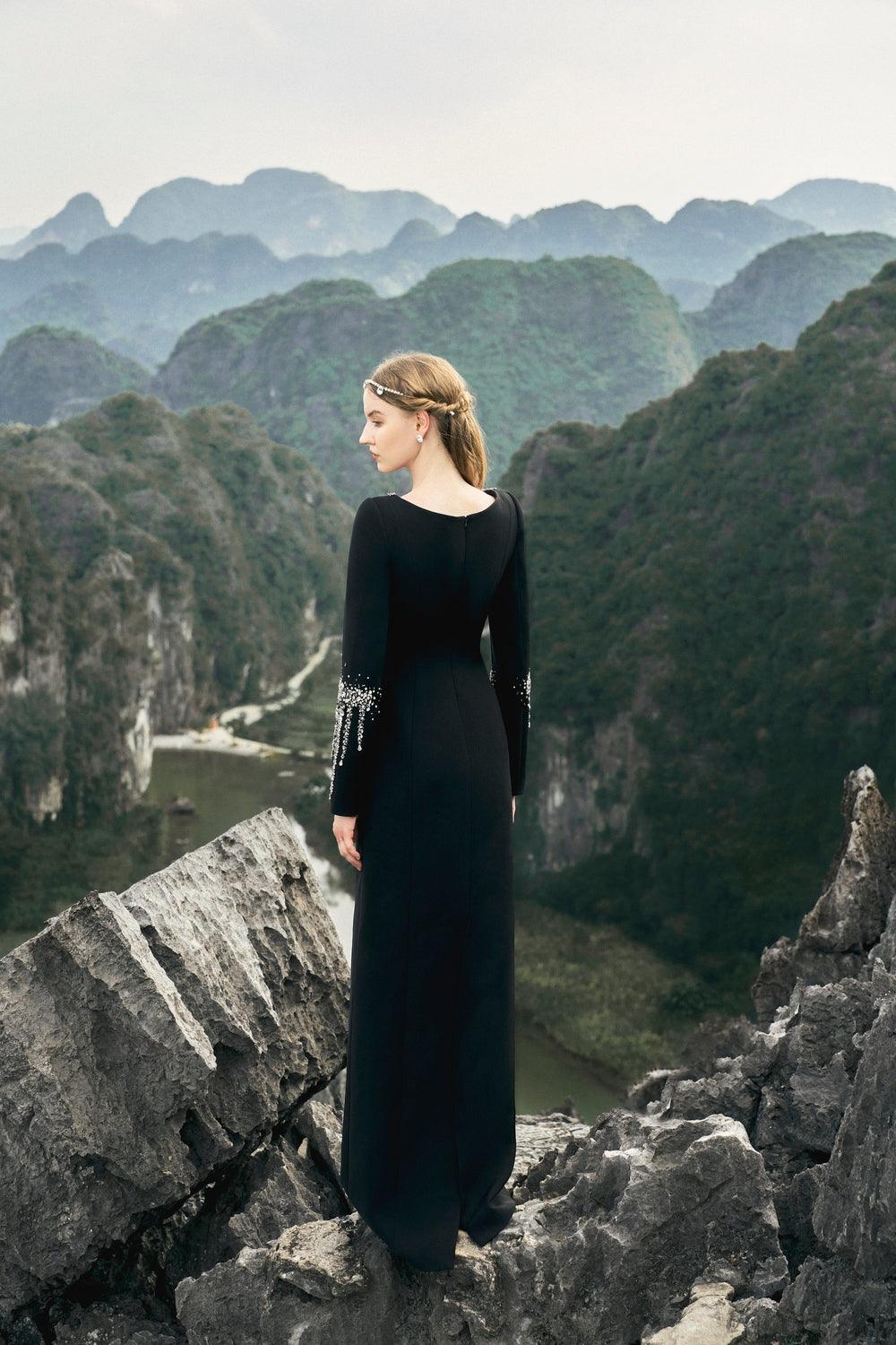 V-Neck Back Slit Dress With Stone Embellishments - TRACY COUTURE