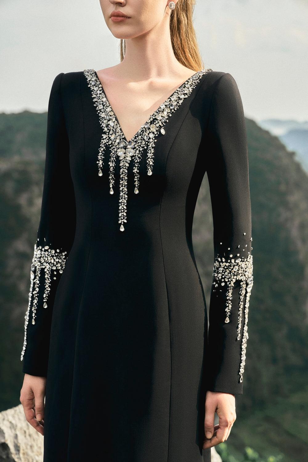 V-Neck Back Slit Dress With Stone Embellishments - TRACY COUTURE