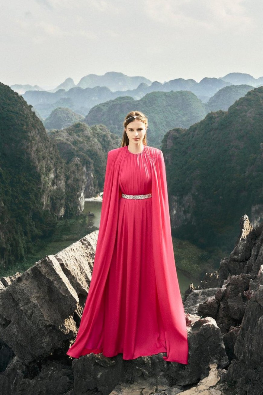 Gathered Long Cape With Gathered Stone Embellished Belt Dress Set - TRACY COUTURE