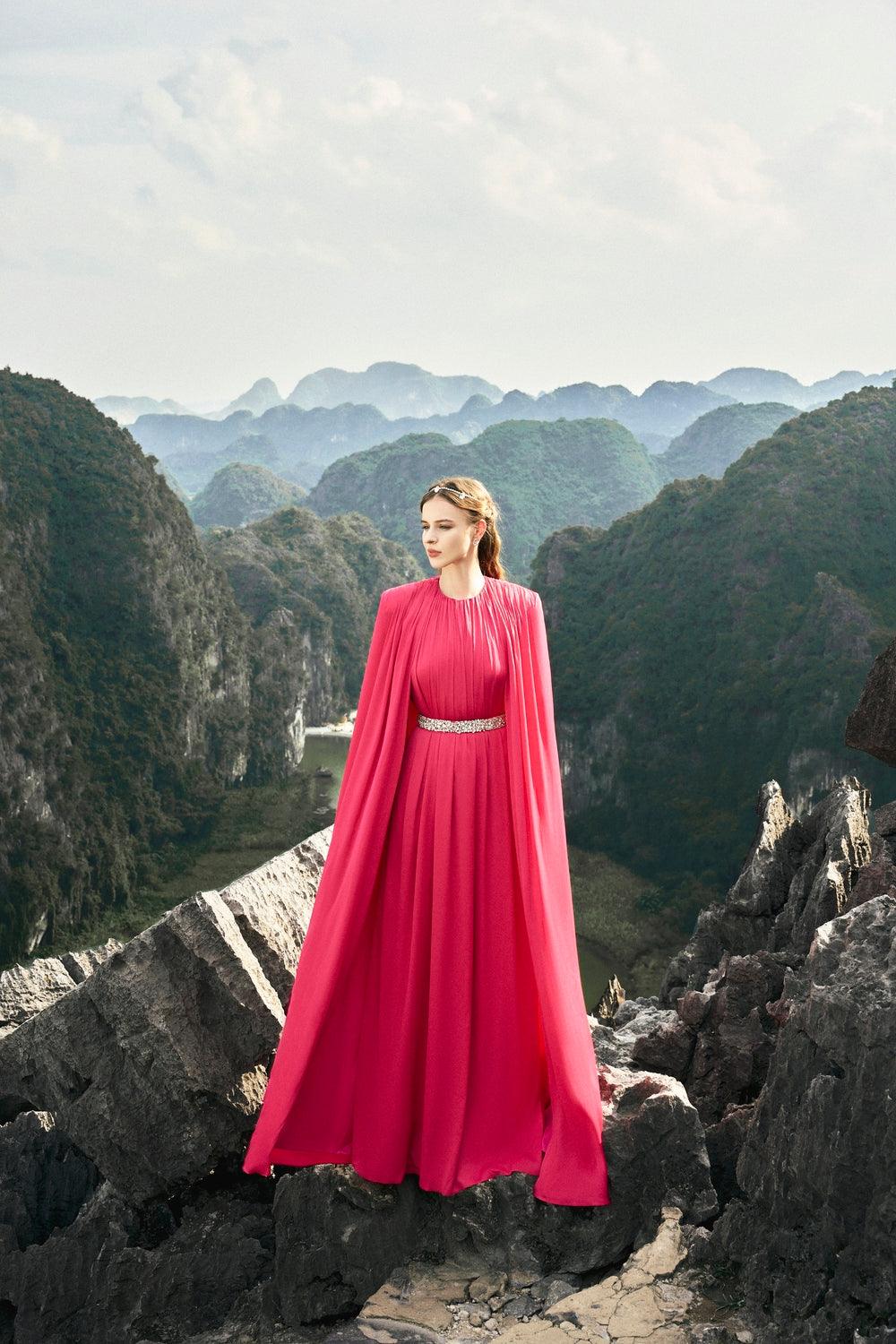 Gathered Long Cape With Gathered Stone Embellished Belt Dress Set - TRACY COUTURE