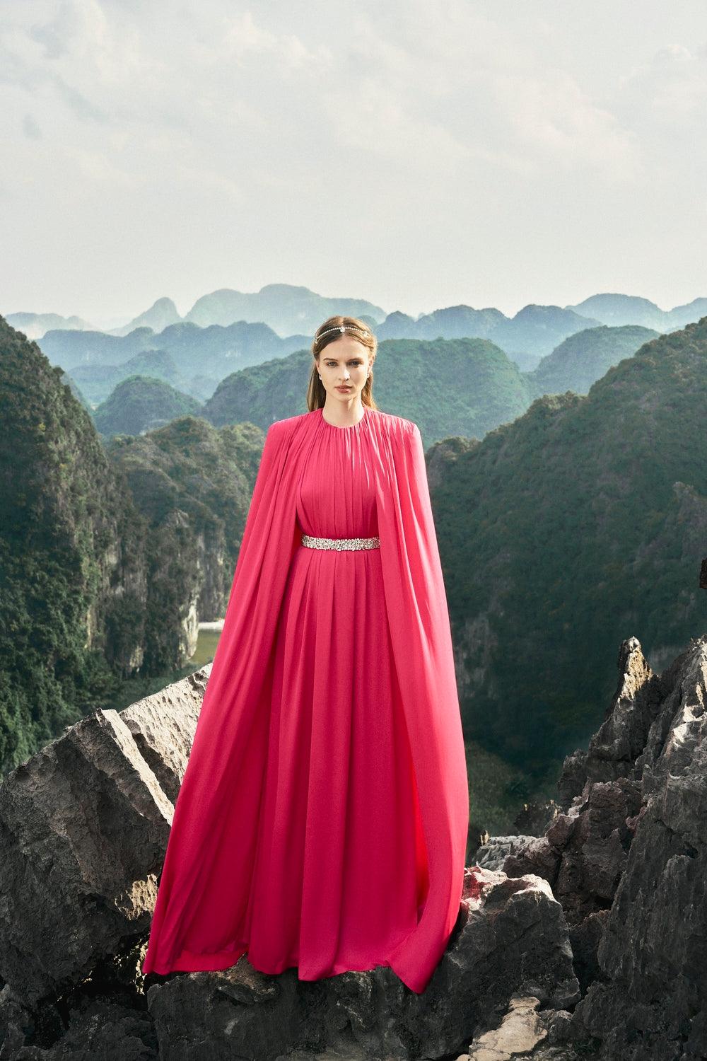 Gathered Long Cape With Gathered Stone Embellished Belt Dress Set - TRACY COUTURE