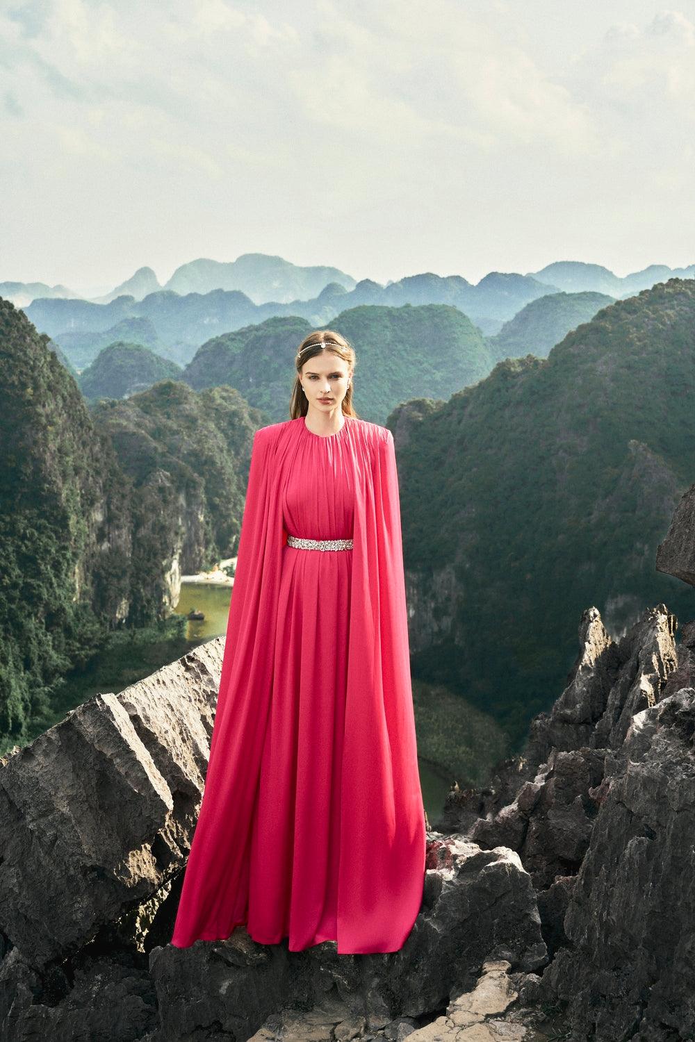 Gathered Long Cape With Gathered Stone Embellished Belt Dress Set - TRACY COUTURE