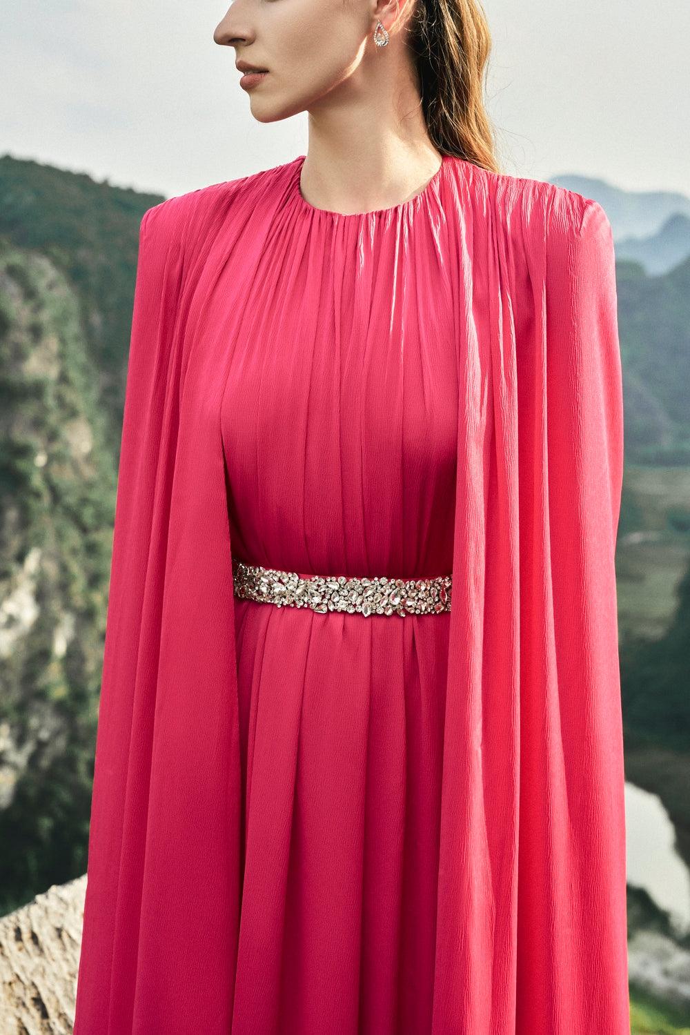 Gathered Long Cape With Gathered Stone Embellished Belt Dress Set - TRACY COUTURE