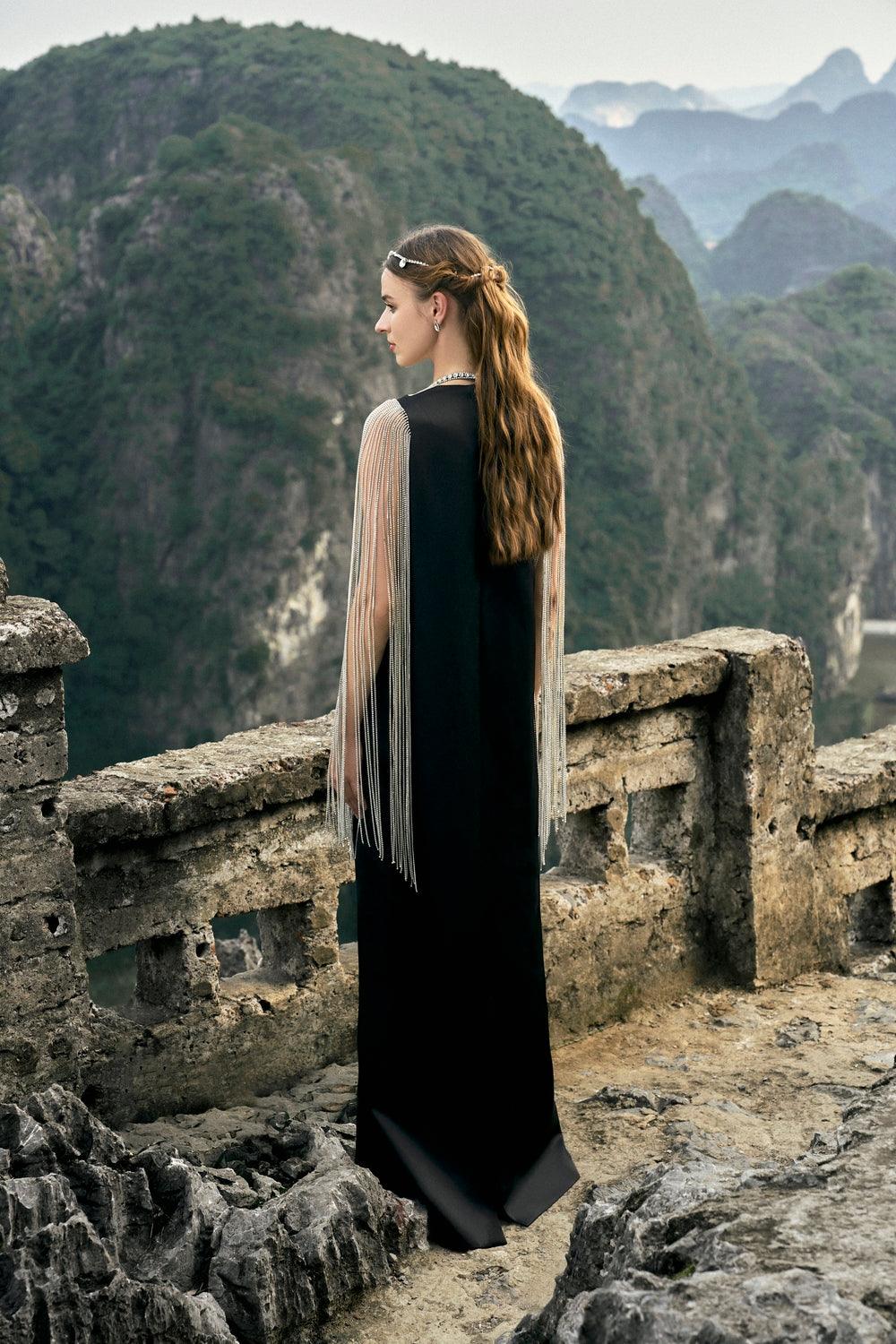 Crystal Fringed Sleeve Straight Dress - TRACY COUTURE