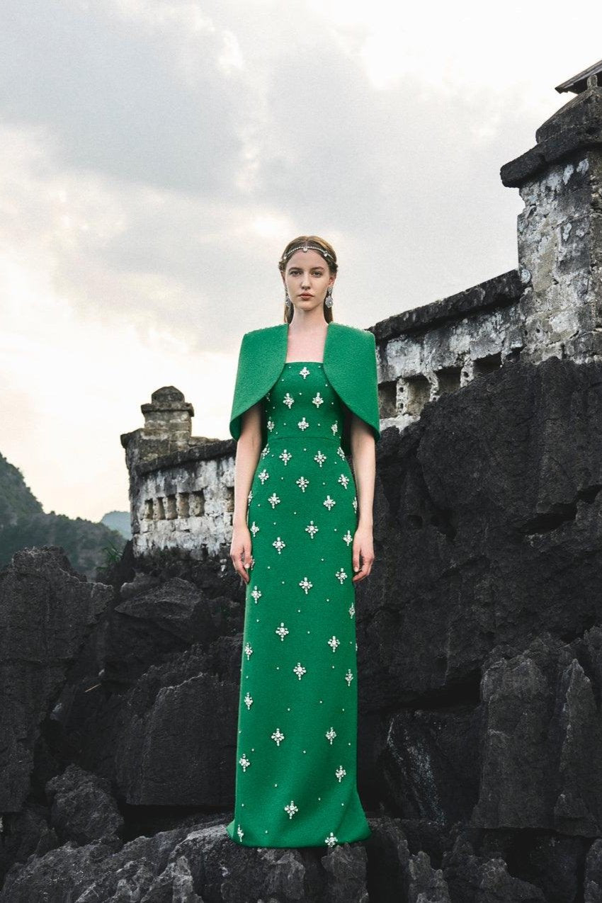 Curved Cropped Cape With Strapless Stone Embellishments Full Dress Set - TRACY COUTURE