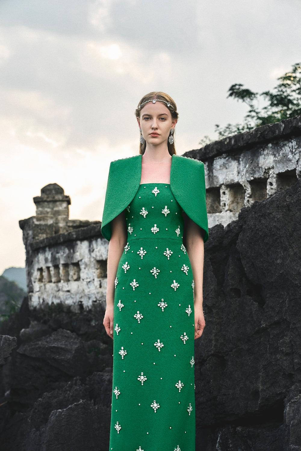 Curved Cropped Cape With Strapless Stone Embellishments Full Dress Set - TRACY COUTURE