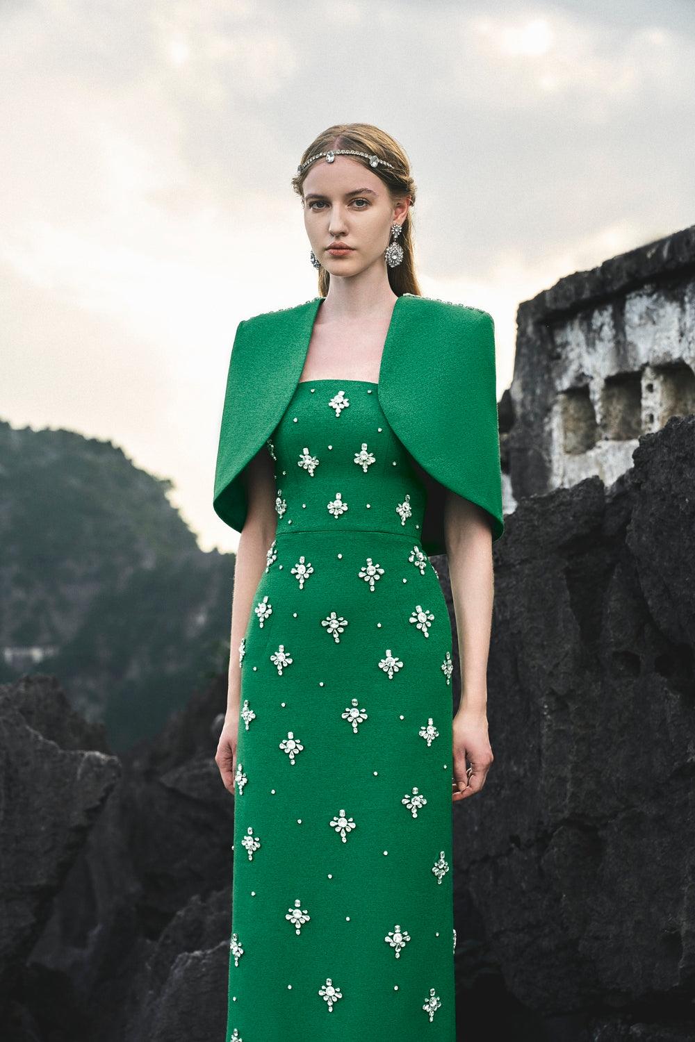 Curved Cropped Cape With Strapless Stone Embellishments Full Dress Set - TRACY COUTURE