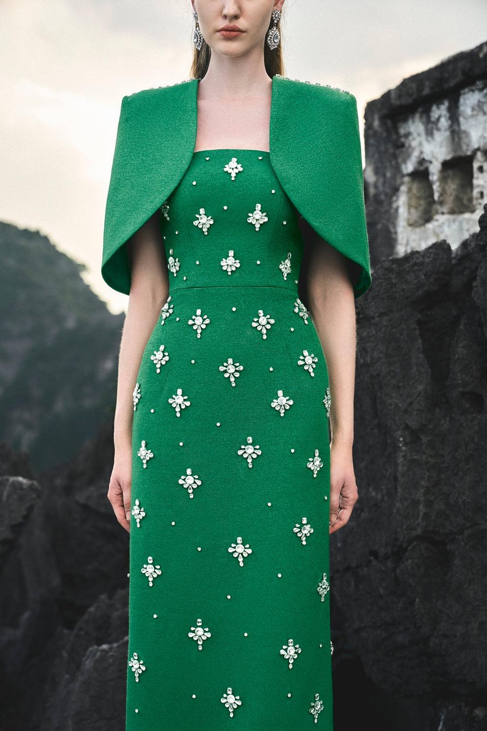 Curved Cropped Cape With Strapless Stone Embellishments Full Dress Set - TRACY COUTURE