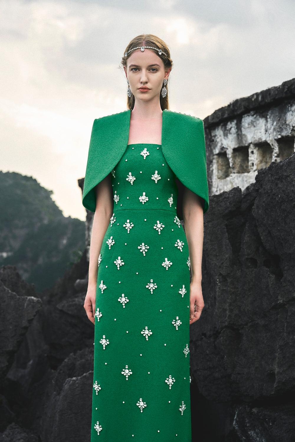 Curved Cropped Cape With Strapless Stone Embellishments Full Dress Set - TRACY COUTURE