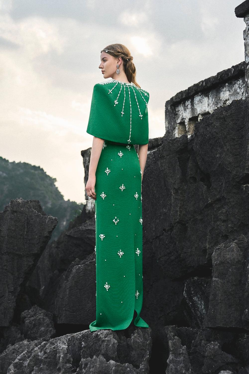 Curved Cropped Cape With Strapless Stone Embellishments Full Dress Set - TRACY COUTURE