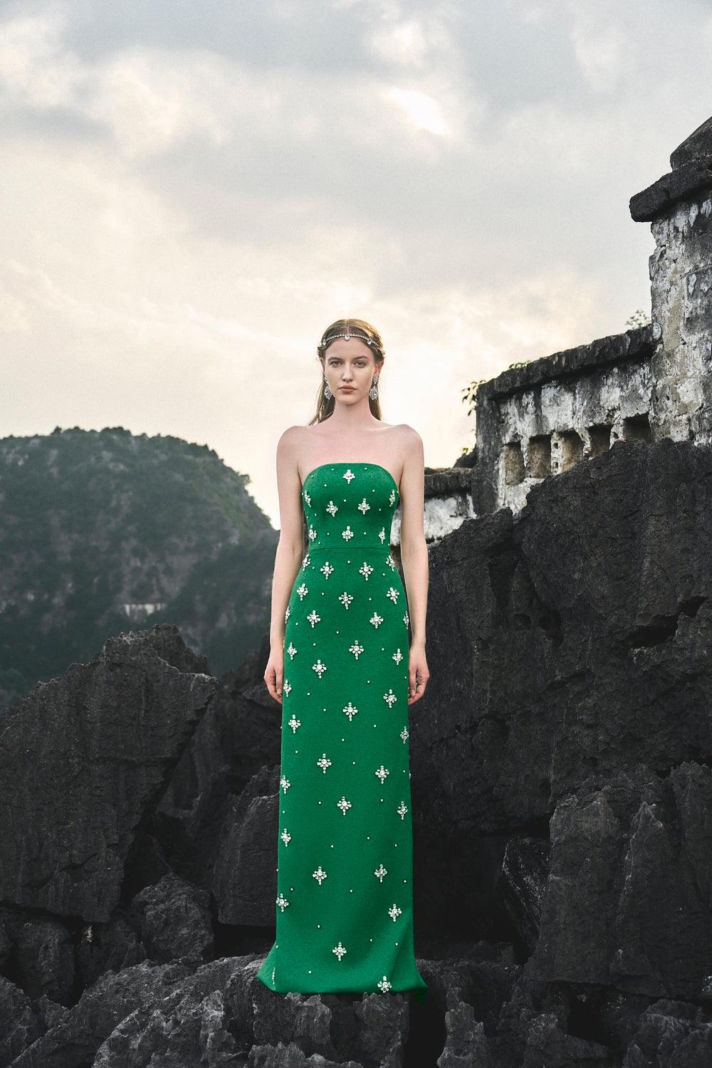 Curved Cropped Cape With Strapless Stone Embellishments Full Dress Set - TRACY COUTURE