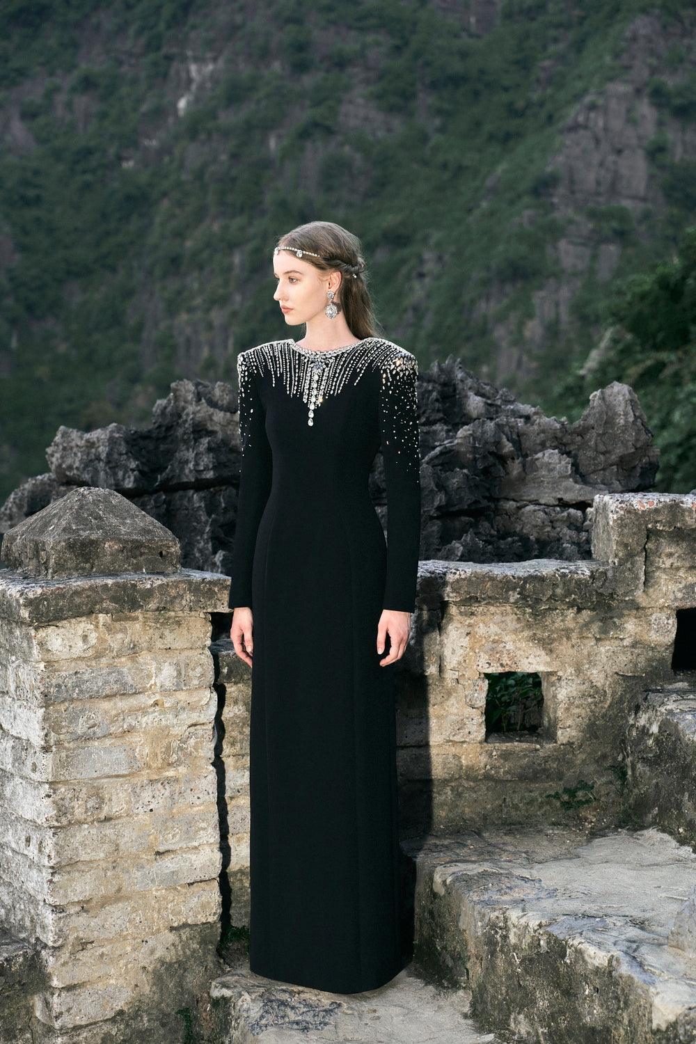 Long Sleeve Open Back Dress - TRACY COUTURE