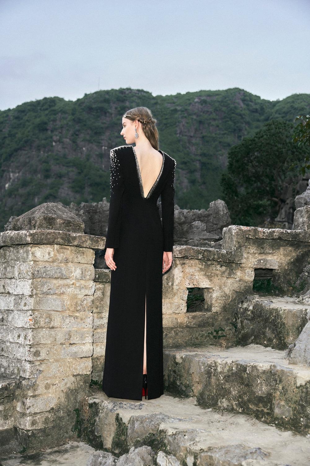 Long Sleeve Open Back Dress - TRACY COUTURE