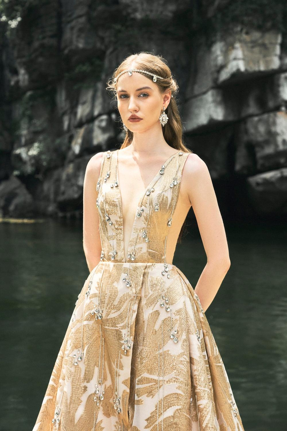 Sleeveless Deep V-Neck Dress - TRACY COUTURE