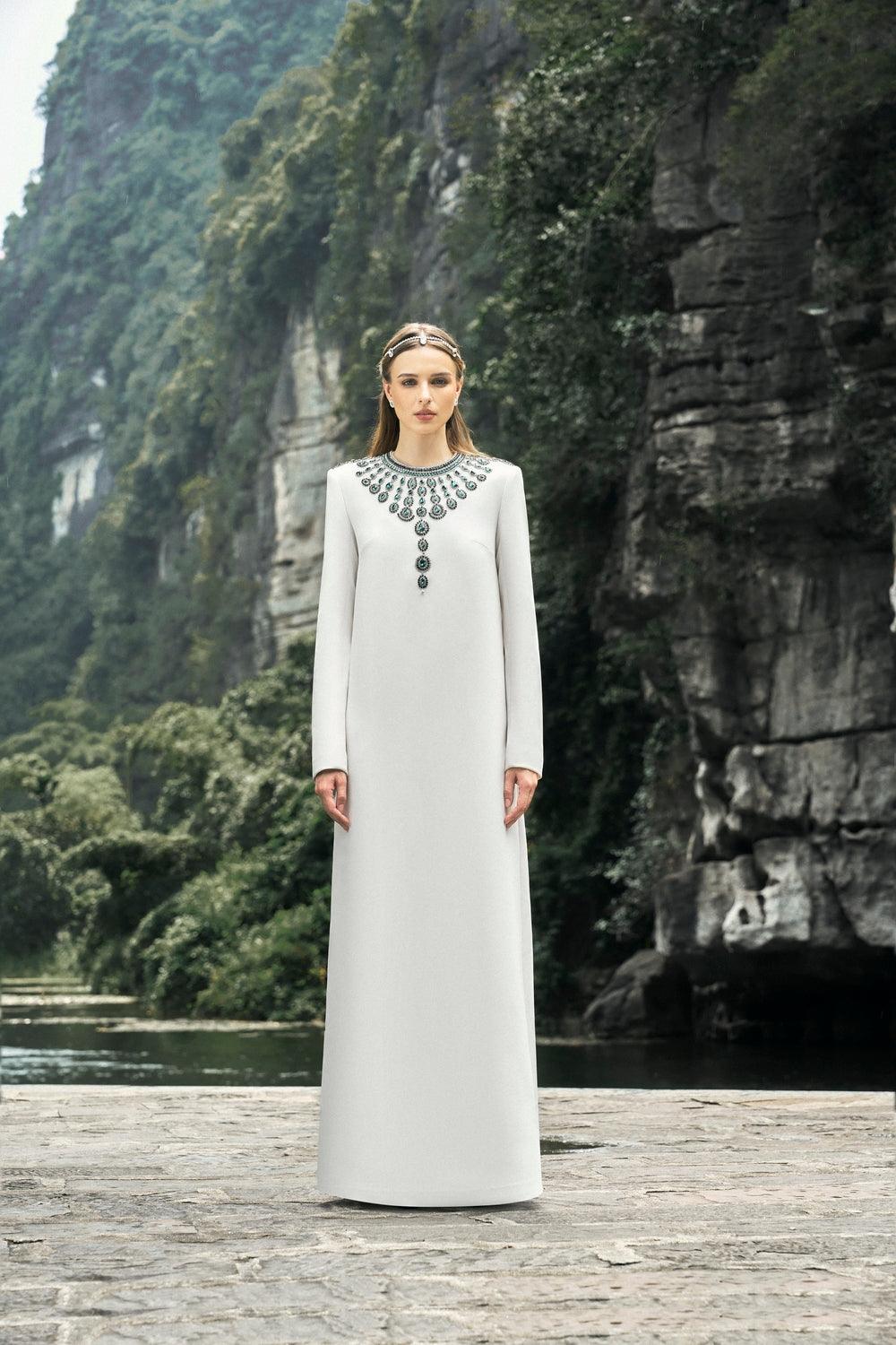 Long Sleeve Dress With Stone Embellishments - TRACY COUTURE