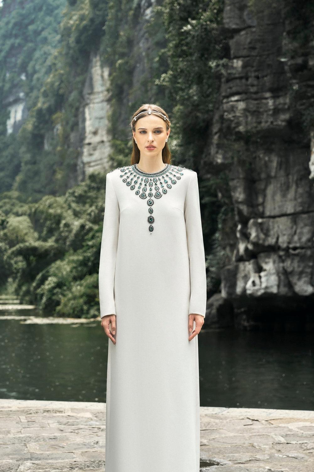 Long Sleeve Dress With Stone Embellishments - TRACY COUTURE