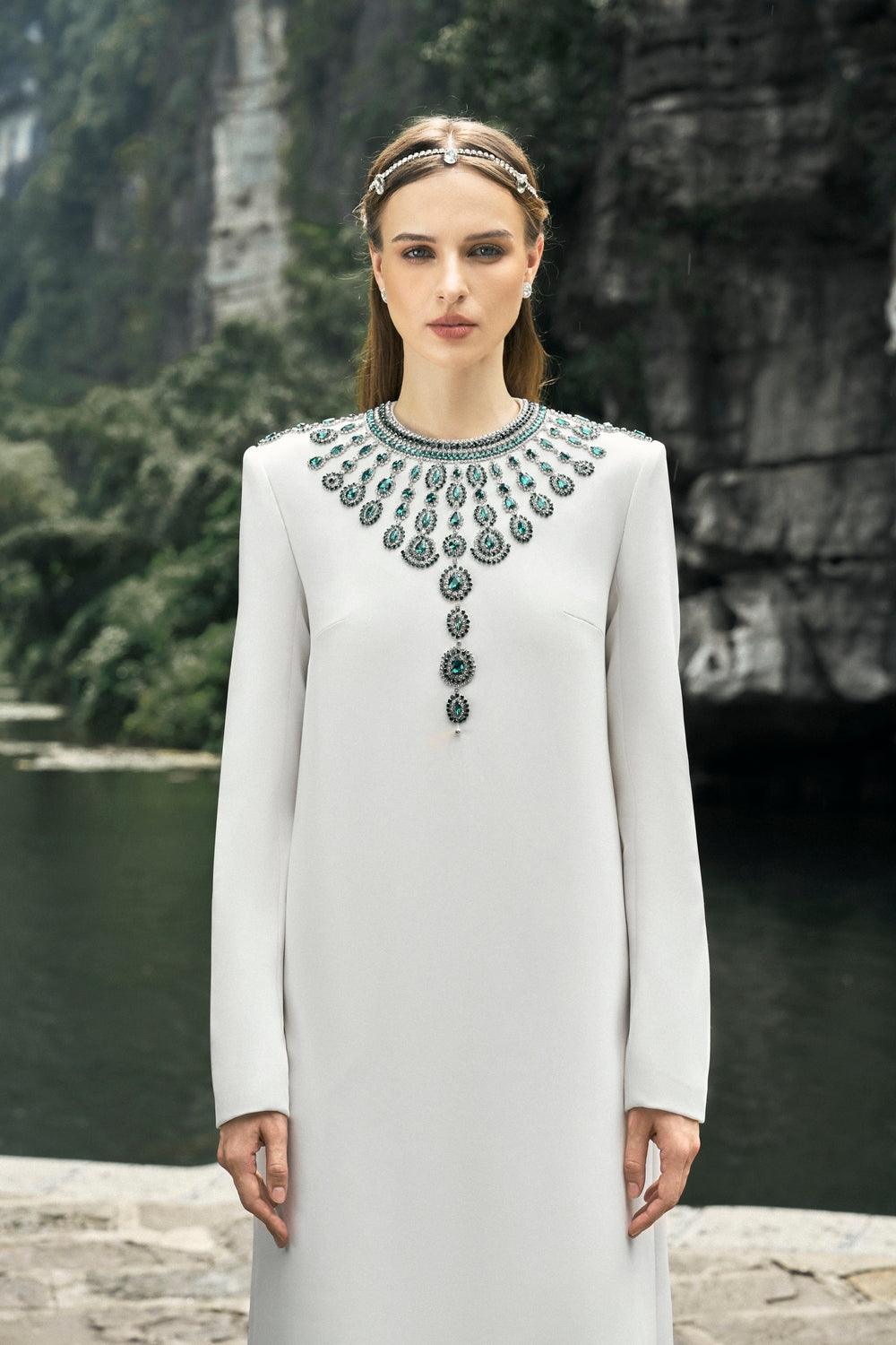Long Sleeve Dress With Stone Embellishments - TRACY COUTURE