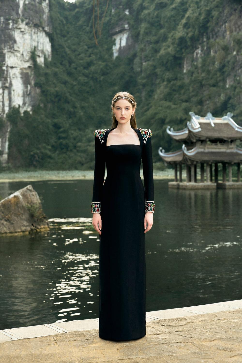 Long Sleeve Stone Embellished Shoulder Dress - TRACY COUTURE