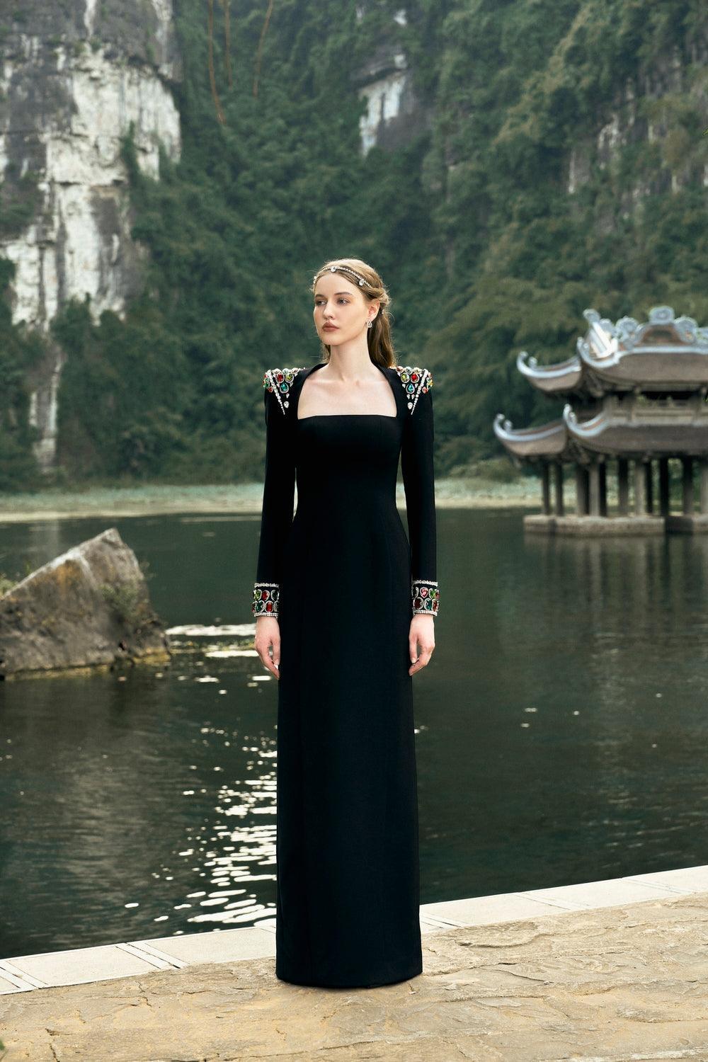 Long Sleeve Stone Embellished Shoulder Dress - TRACY COUTURE