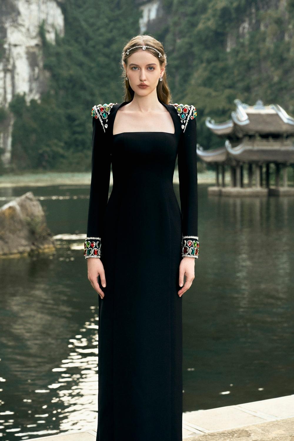 Long Sleeve Stone Embellished Shoulder Dress - TRACY COUTURE