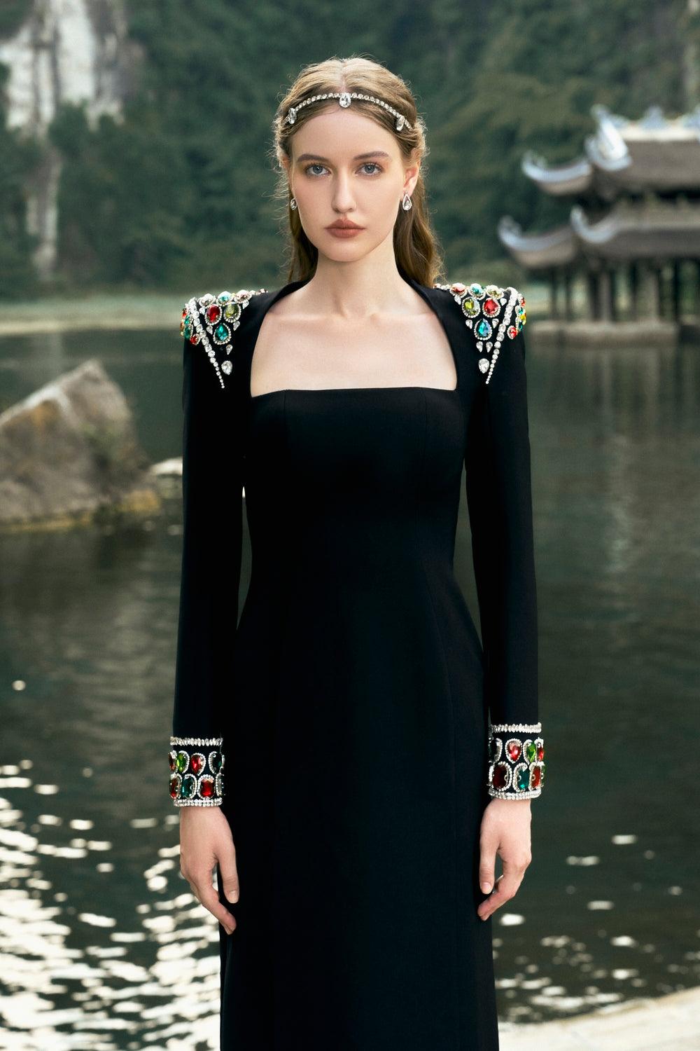 Long Sleeve Stone Embellished Shoulder Dress - TRACY COUTURE