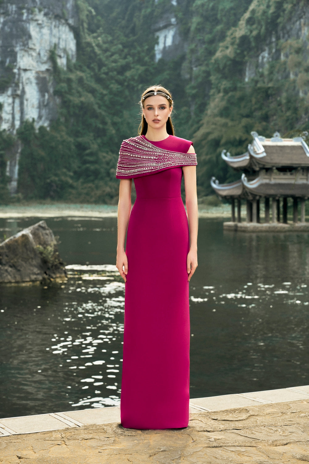 Stone Embellished Asymmetric Cape Straight Dress Set - TRACY COUTURE