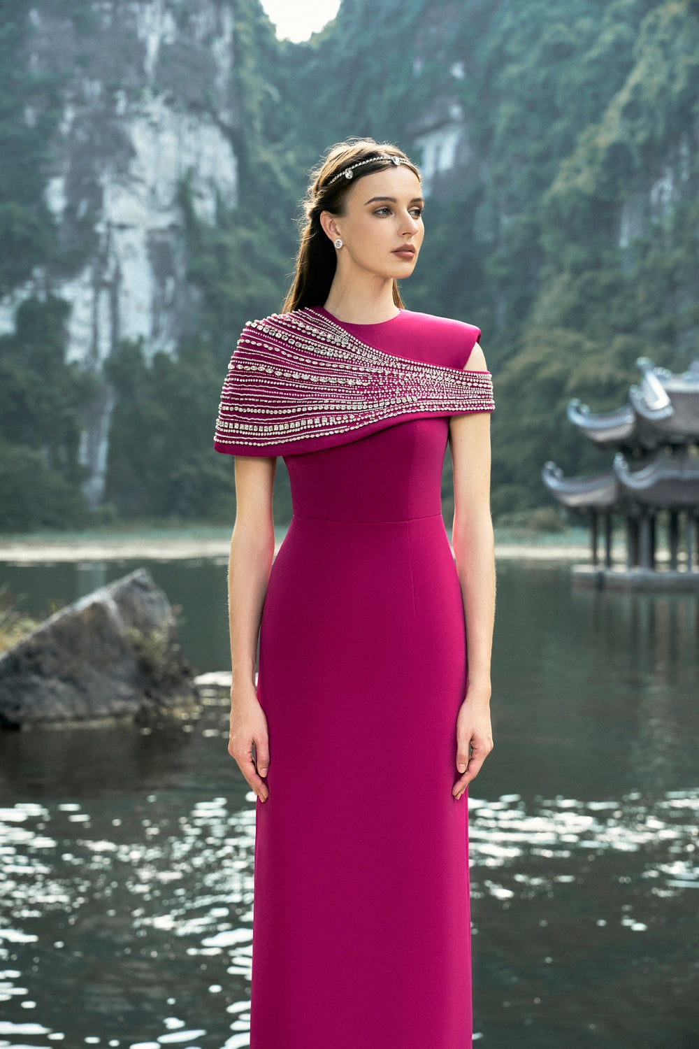 Stone Embellished Asymmetric Cape Straight Dress Set - TRACY COUTURE