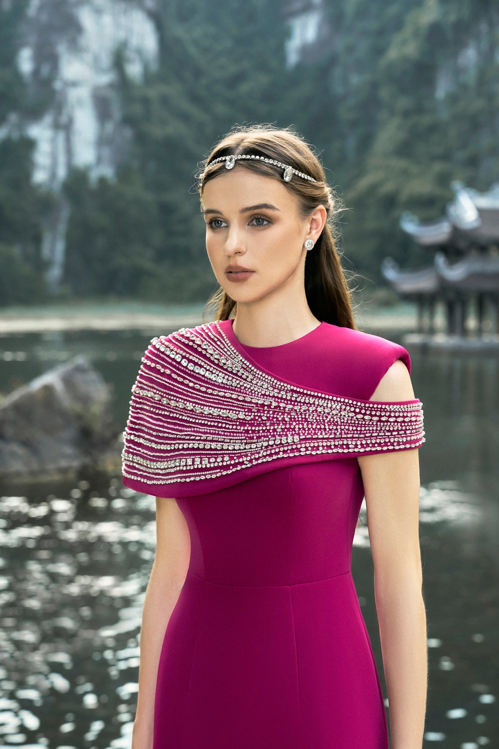 Stone Embellished Asymmetric Cape Straight Dress Set - TRACY COUTURE