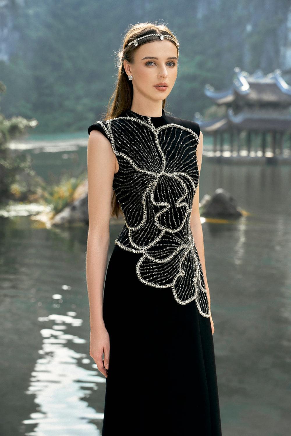 Sleeveless Orchid Patterned Dress - TRACY COUTURE