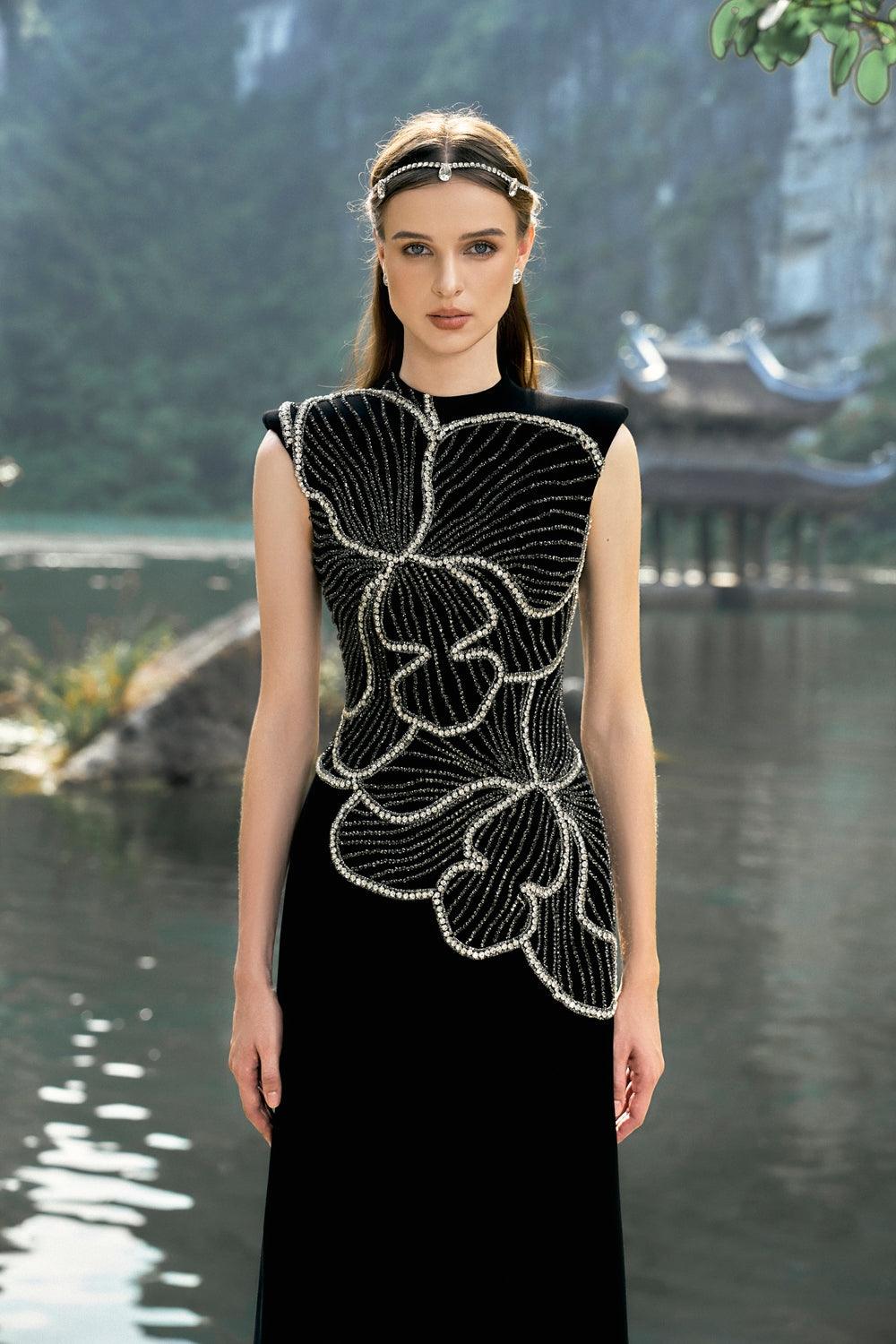 Sleeveless Orchid Patterned Dress - TRACY COUTURE