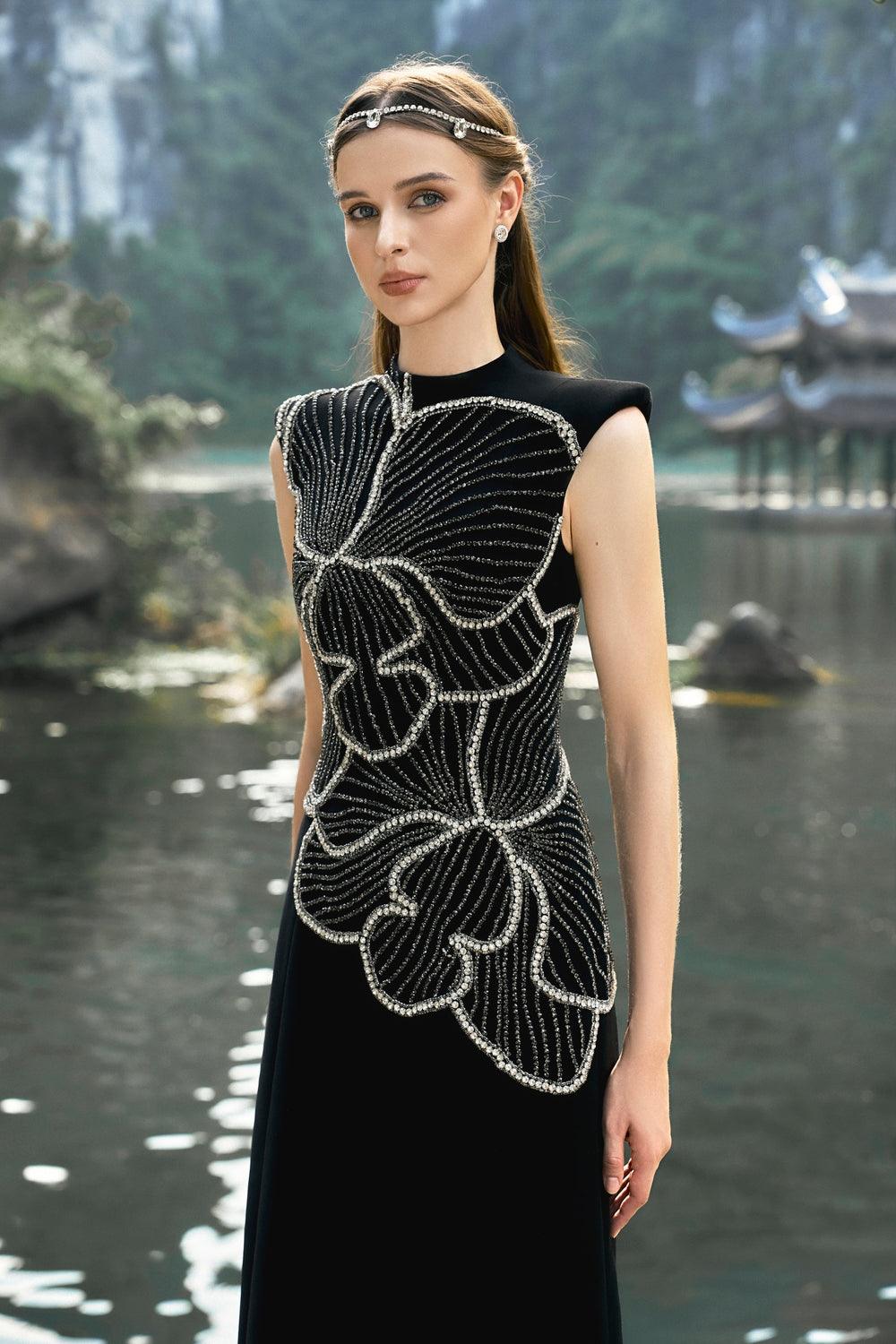 Sleeveless Orchid Patterned Dress - TRACY COUTURE