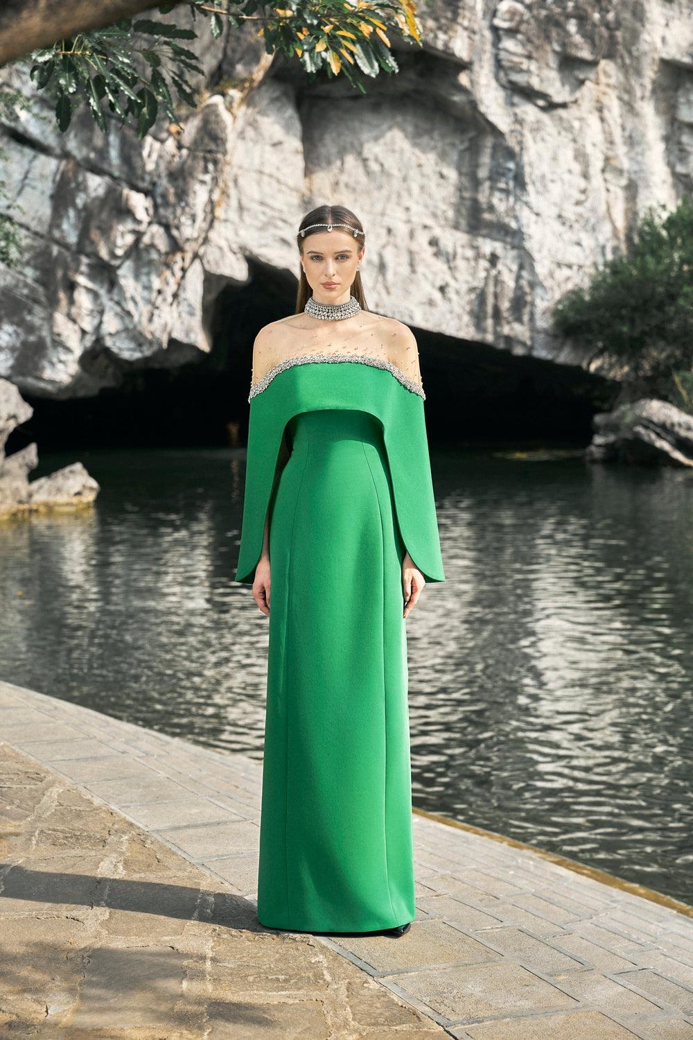 Strapless Straight Dress With See-Through Shoulder Cape Set - TRACY COUTURE