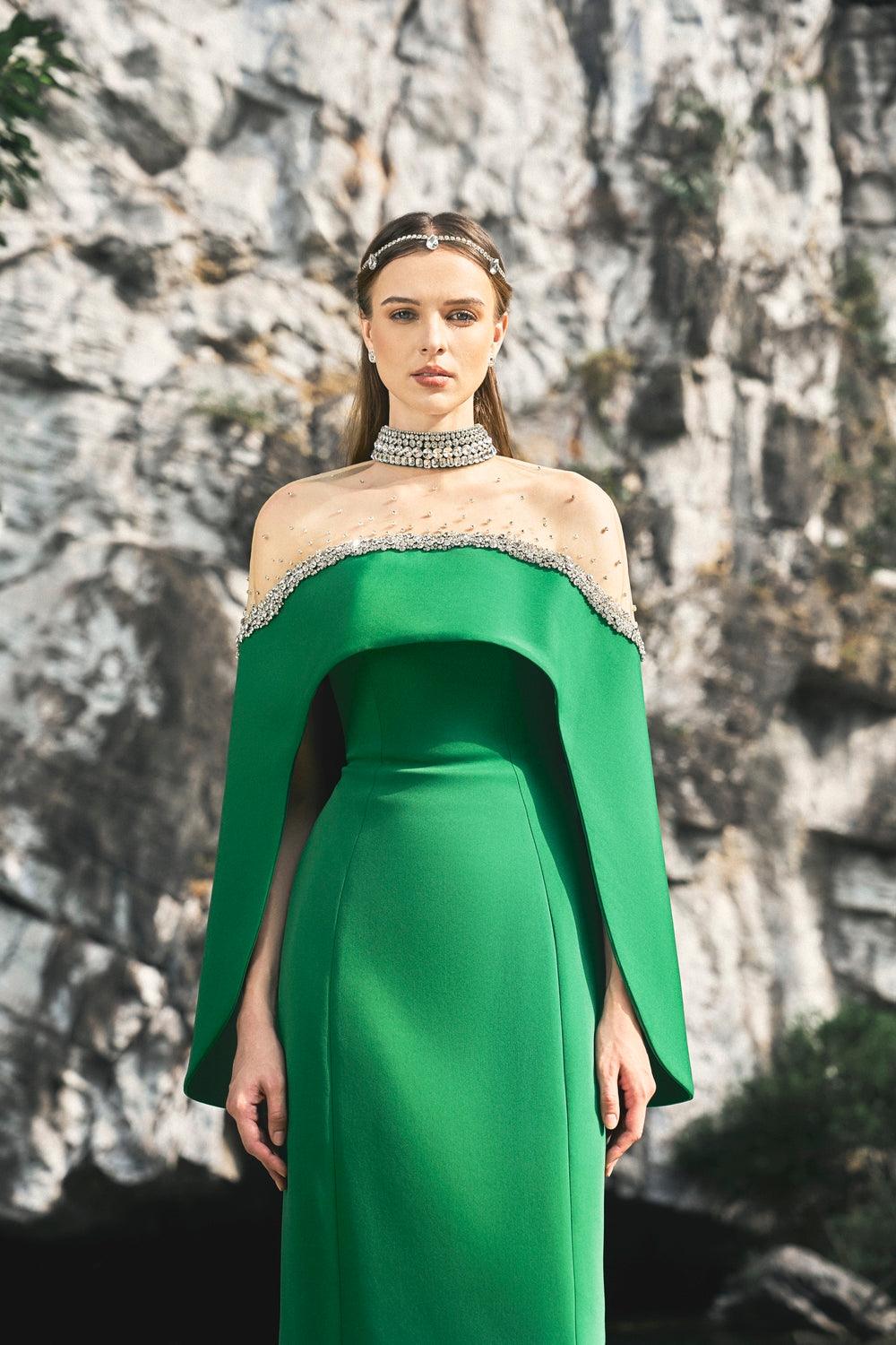 Strapless Straight Dress With See-Through Shoulder Cape Set - TRACY COUTURE