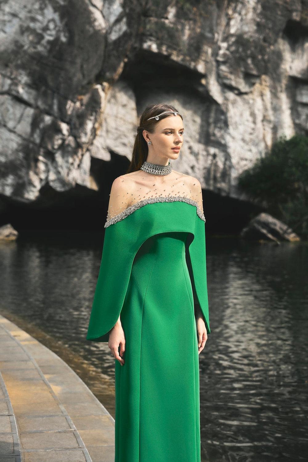 Strapless Straight Dress With See-Through Shoulder Cape Set - TRACY COUTURE