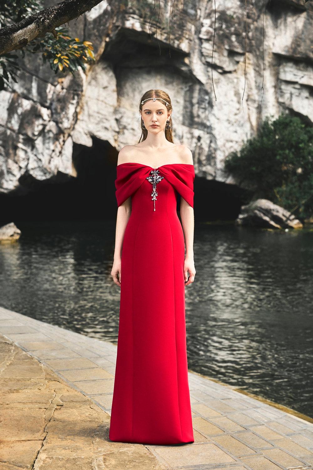 Gathered Off-Shoulder Dress - TRACY COUTURE