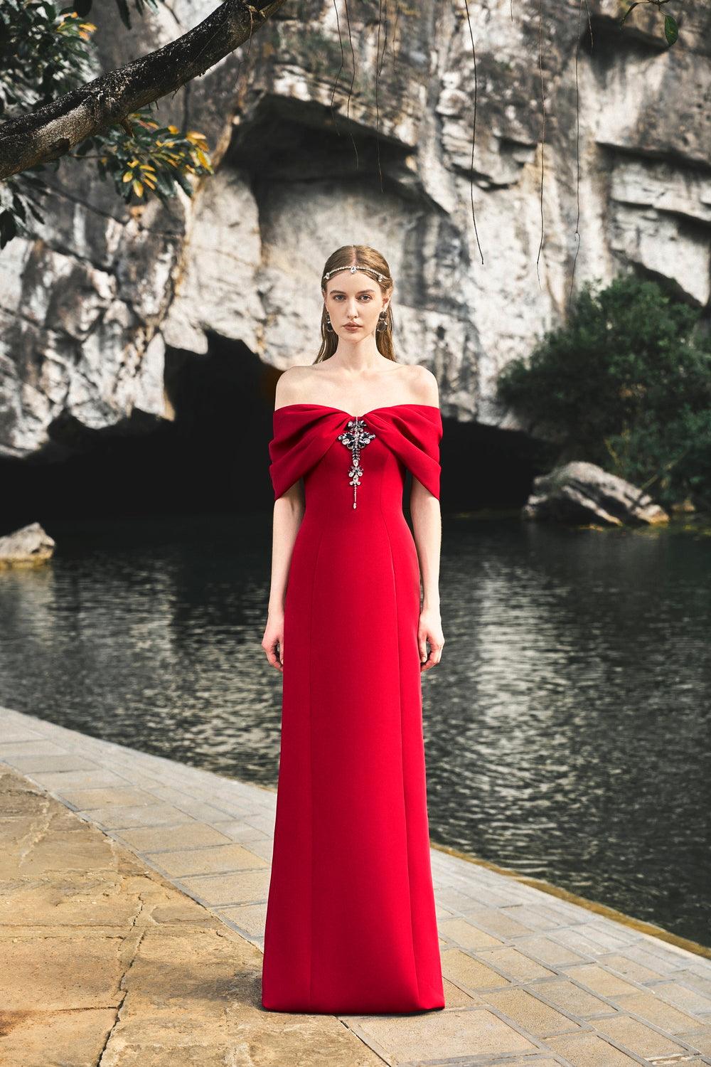 Gathered Off-Shoulder Dress - TRACY COUTURE