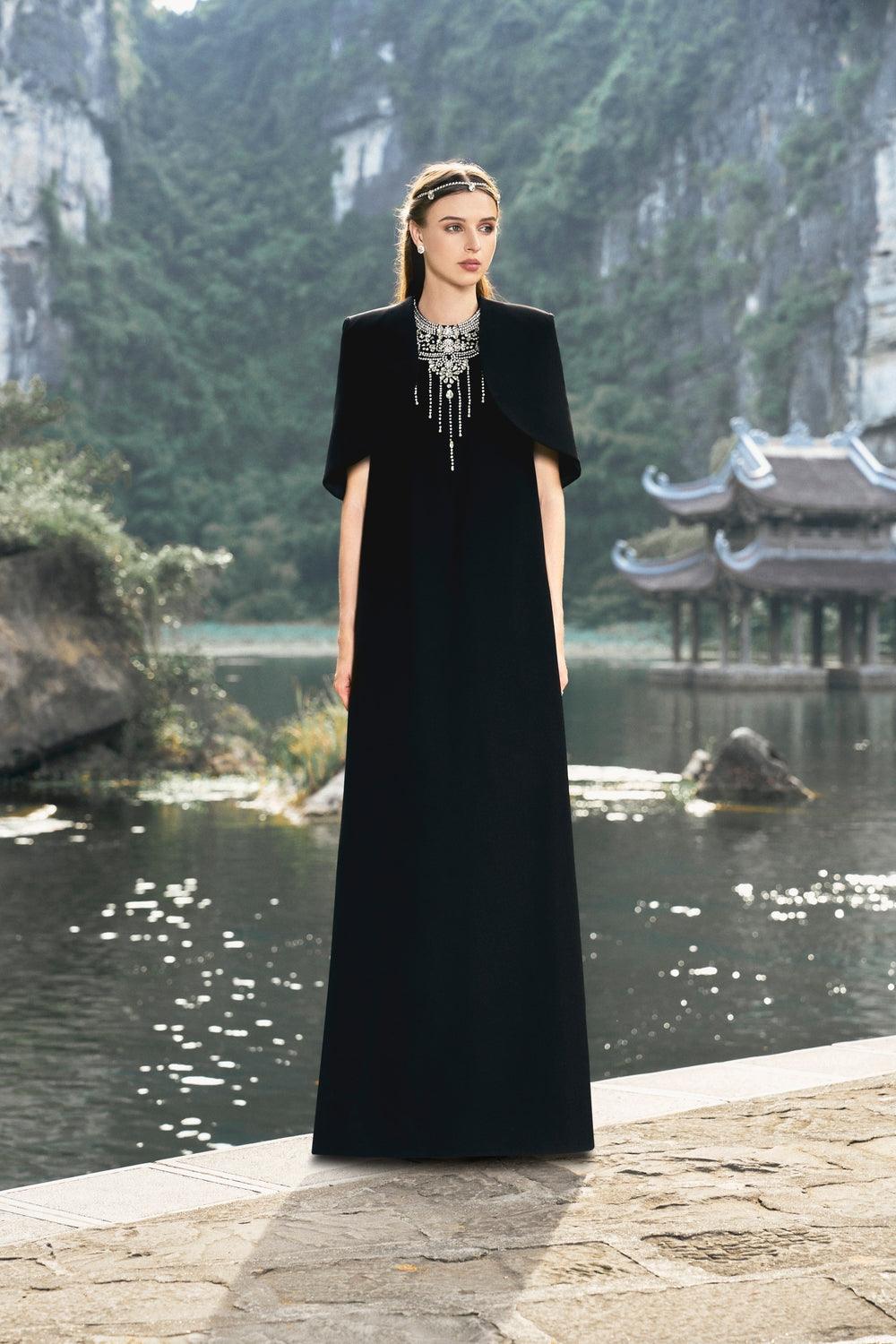 Cropped Curved Cape With Stone Embellished Straight Dress Set - TRACY COUTURE