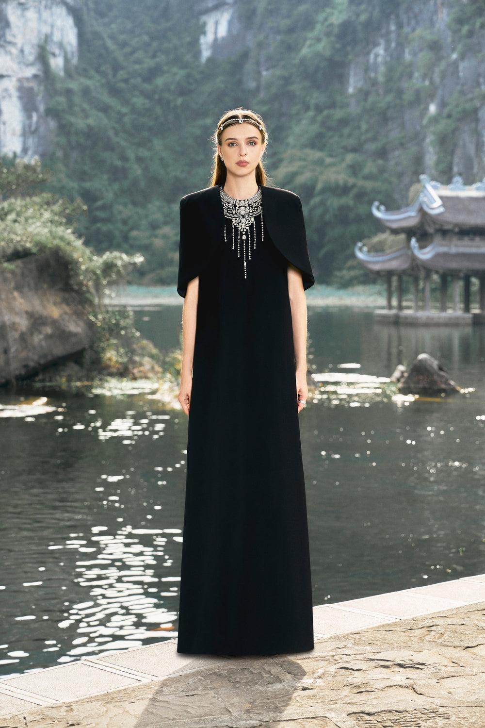 Cropped Curved Cape With Stone Embellished Straight Dress Set - TRACY COUTURE